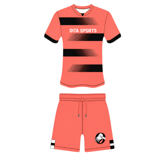 Ensemble short et maillot de rugby rose corail et noir, manches courtes, col rond, uniforme d'équipe rayé, personnalisable, respirant, pour l'entraînement et la performance - Product Image 1