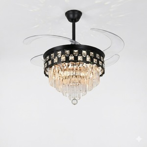 <b>LED</b> Remote Hanging <b>Light</b> for Elegant Living Room Invisible Retractable Blade <b>Ceiling</b> Fan Luxury Black <b>Crystal</b> Chandelier - Product Image 1