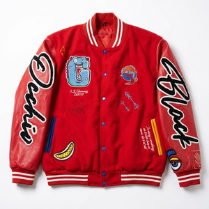 Red Color Casual <b>Long</b> Sleeve Single Button Wool & PU <b>Leather</b> Eco-Friendly Breathable Baseball Varsity <b>Jackets</b> - Product Image 1