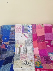 Handmade Vintage Old Sari Silk Kantha Embroidered <b>Quilt</b> Patchwork Queen Reversible Hypoallergenic <b>Bedspread</b> 100% Cotton Filling - Product Image 4