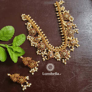 <b>Ruby</b> Guttapusalu Short <b>Necklace</b> Set-Fashion Jewelry - Product Image 1