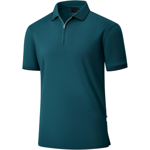 T-shirt décontracté et respirant pour homme, en maille unie vert sarcelle, avec col zippé à quart de tour et ourlet fendu, idéal pour le golf et les occasions professionnelles - Product Image 1