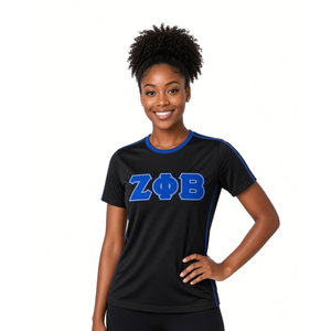 Camiseta Negra Zeta Phi Beta para Mujer, con Apliques de Letras Griegas en Azul Rey, Cuello Redondo con Ribete Azul, Manga Corta, Estilo Jersey - Product Image 3