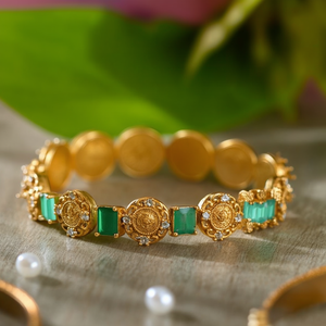 Green Matte Coin Bangles 2*6-Gold Plated Brass Pearl & Diamond Accents Bohemian Wedding Jewelry - Product Image 3