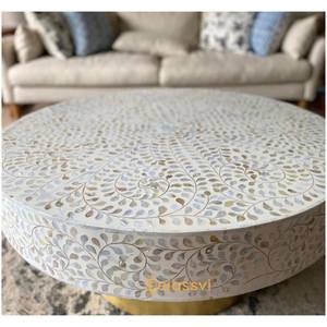 Table basse ronde la plus vendue avec incrustation MOP, design floral, table centrale, table de cocktail, mobilier moderne de luxe - Product Image 4