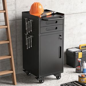 34.3" Narrow Rolling Tool Cabinet with Lockable <b>Door</b> 2 Drawers Large <b>Handle</b> Slim Metal Organizer for <b>Garage</b> Storage - Product Image 1