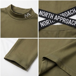 Ensemble de yoga 2 pièces North Approach, col roulé, bretelles croisées, longueur intégrale, vert olive uni, vêtements de sport sans couture - Product Image 4