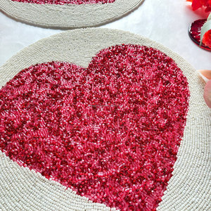 Crimson Red Scalloped Heart <b>Beaded</b> <b>Placemat</b> Valentine's Day Table Decor Boutique Wholesale Artistry By PR India - Product Image 2