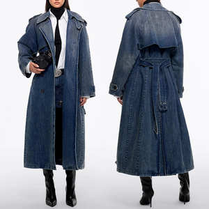 Gabardina Larga de Mezclilla Azul para Mujer, Chaqueta Cruzada con Cuello de Solapa y Cinturón - Product Image 3