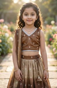 Conjunto de Lehenga Choli para Niños de Shoryam Fashion para Bodas y Fiestas de Diwali |   Blusa sin mangas hasta el suelo con brillo degradado marrón - Product Image 3