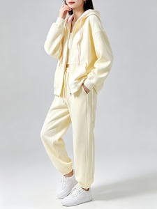 Survêtement à capuche pour femme, couleur unie, manches longues, sweat-shirt décontracté, pantalon à taille élastique, respirant, poids moyen, tenue de jogging - Product Image 2