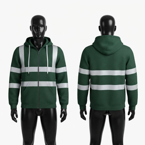 เสื้อฮู้ดดี้ผ้าฝ้ายหนา 100% น้ำหนัก 330 GSM สีเขียวเข้ม แถบสะท้อนแสงเพื่อความปลอดภัย โลโก้ปั๊มนูนด้านหน้า เป็นมิตรกับสิ่งแวดล้อม แห้งเร็ว มีซับใน - Product Image 1