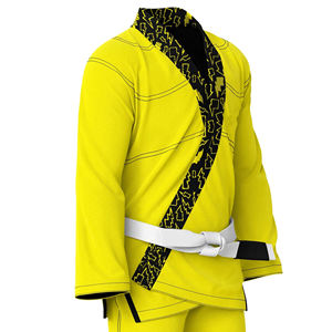 Kimono de BJJ jaune avec col à motifs noirs et ceinture blanche, coupe régulière, unisexe, adulte, vêtements d'arts martiaux, 100 % polyester, séchage rapide - Product Image 2