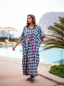 Cool Chic <b>Pink</b> Trim Kaftan <b>Dress</b> 100% Cotton Long Loose Fit with Natural Waistline Hand Block Printed Blue White Floral Pattern - Product Image 5
