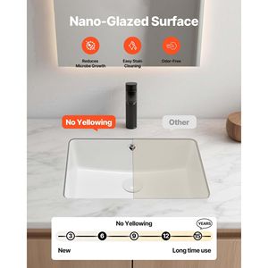 Lavabo Rettangolare Sottopiano in Ceramica Bianca 18.5 X 13.19 Pollici con Foro di Troppopieno, Design a Incasso Speciale per Lavabo - Product Image 3