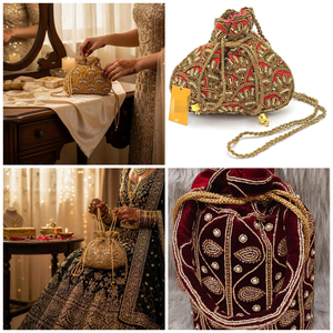 Pochette de mariée Arya Digital Luxury Potli pour femme, élégante, artisanale, indienne, avec imitation de perles Zari, dorée, pour mariage - Product Image 2