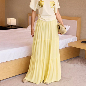 Falda Maxi Larga de Verano para Mujer, Cintura Natural, Amarilla, Estilo Vintage, Transpirable, Corte en A, Casual, Fluida, Cintura Elástica, Ecológica, Estilo Boho - Product Image 1