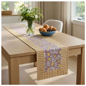 Latest Stylished Modern Printed Cotton Table <b>Runner</b> with Lemon Floral Pattern and Striped Border for Home Dining Decor - Product Image 1