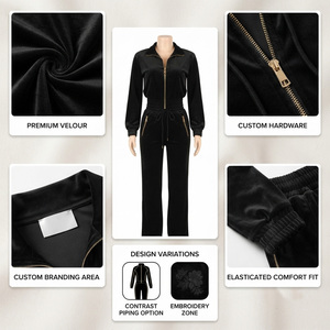 Ensemble de survêtement tricoté pour femme, style urbain, à manches longues, avec fermeture éclair, col à capuche, patchs unis, coupe ajustée, hiver, noir, 2 pièces - Product Image 4
