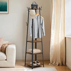 Perchero Metálico Industrial con Tres Estantes de Madera para Almacenamiento en la Entrada, Organizador de Ropa Multifuncional - Product Image 1