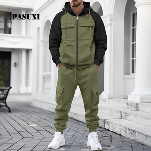 Conjunto de Chaqueta con Capucha de Forro Polar para Hombre PASUXI OEM, Verde Oliva, Cierre de Cremallera, Bolsillos Tipo Cargo, Ropa Casual de Otoño, Corte Regular - Product Image 1