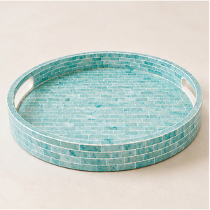 Round Capiz Shell <b>Mosaic</b> Decorative Tray Luxury Turquoise Mother of Pearl Inlay Serving Tray with Cutout Handles for Home Decor - Product Image 3