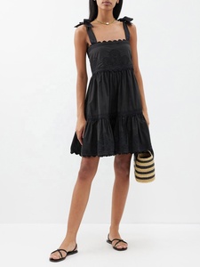 Mini-robe noire élégante à col carré, broderie florale, dentelle, sexy, en popeline de coton, avec nœud, grande taille, sans manches, coupe trapèze - Product Image 5