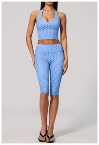 wholesale Blue Dot Print Yoga Set Halter <b>Crop</b> <b>Top</b> High Waist Knee Length Leggings Breathable Spandex Polyester 2 Piece - Product Image 4