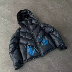 Chaqueta acolchada negra con capucha para hombre, abrigo grueso de invierno con estampado azul y cremallera, estilo urbano - Product Image 1