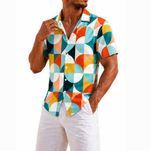 Custom <b>Mens</b> Hawaiian <b>Shirts</b> Knitted 320g Lightweight Short Sleeve Geometric Printed Cuban Collar Casual Button <b>Beach</b> Summer - Product Image 3