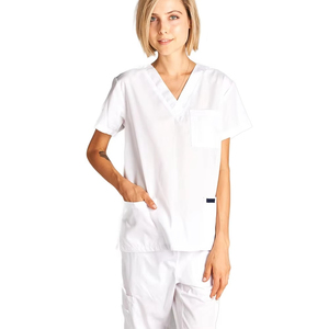 Ensemble de Blouses Médicales Blanches en Gros Unisexe Col en V Uniforme d'Infirmière Haut de Blouse à Manches Courtes et Pantalon Cargo pour Laboratoire et Hôpital - Product Image 1