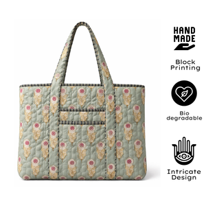 Luxury Handmade Jaipur Hand Block Print Quilted Cotton Tote <b>Bag</b> Floral Pattern Summer 16x12 Inch Durable Sustainable Zip Closure - Product Image 2