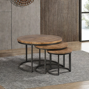 Modern Vintage Set of 3 Nesting <b>Coffee</b> <b>Tables</b> <b>Round</b> Design with Wooden Top and Metal Frame for Home Living Room - Product Image 6