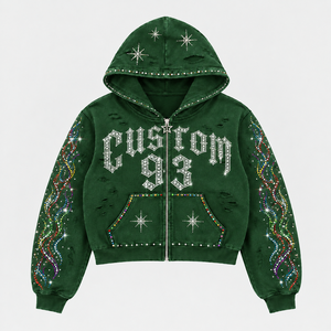 Custom Rhinestone Zip up <b>Hoodie</b> Streetwear Design Heavyweight Cotton Cropped Boxy Fit Premium Graphic Custom Logo Men <b>Hoodie</b> - Product Image 3