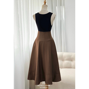 Jupe midi évasée élégante et moderne marron pour femme, taille haute, en polyester et élasthanne, décontractée, pour le bureau, RYAN - Product Image 2