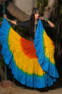 Falda Larga Étnica Boho de Rayón con Estampado Tie Dye, Azul con Degradado Amarillo y Naranja, Falda Maxi para Festivales, Ropa Casual de Verano - Product Image 5