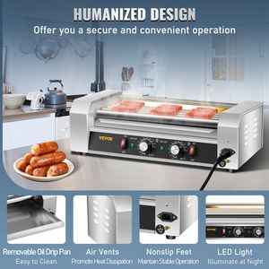 12-capacità in acciaio inox Hot Dog rullo 750W cucina elettrica a doppio controllo Temp LED luce staccabile gocciolamento vassoio griglia - Product Image 6