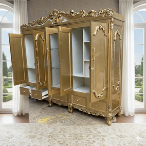 Armario de Lujo de 5 Puertas en Color Oro Antiguo, de Teca, Grande, Tallado a Mano, para Dormitorio Real, Gabinete de Almacenamiento de Madera Maciza Estilo Artesanal Rústico - Product Image 3