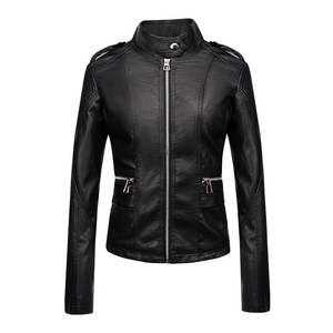 Chaqueta de Motociclista de Cuero Sintético PU Beige para Mujer, Cuello Alto, Manga Larga, Cierre de Cremallera, Color Sólido, Estilo Biker, Ropa de Otoño - Product Image 2
