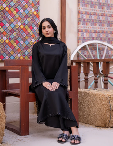 Women's <b>Black</b> Cotton Modest <b>Floor</b>-<b>Length</b> <b>Dress</b> With Embroidered Sleeves And Neckline For Casual Wear India Pakistan Style - Product Image 2