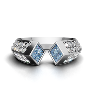 18K Gold Blue Princess Cut Diamond Bypass <b>Ring</b> with Round Pave Stones Luxury Statement <b>Ring</b> - Product Image 4