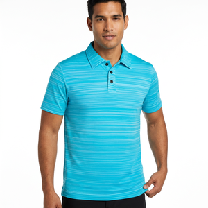 Men's <b>Blue</b> Striped Knitted <b>Polo</b> <b>Shirt</b> Short Sleeve Quick Dry Casual 100% Polyester - Product Image 5