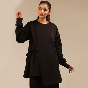 Hauts modestes personnalisés OEM pour femmes – Blouses musulmanes décontractées à manches longues de haute qualité avec col rond et design plissé, couleur unie - Product Image 1