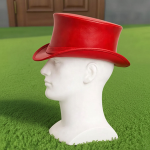 Sombrero de copa rojo unisex de cuero hecho a mano de primera calidad, con banda trenzada, estilo vintage gótico steampunk, regalo para él. - Product Image 3