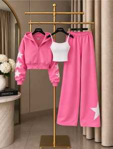 Ensemble de survêtement décontracté 3 pièces pour femme, uni, respirant, coupe ample, avec sweat à capuche zippé, débardeur côtelé et pantalon de survêtement large - Product Image 3