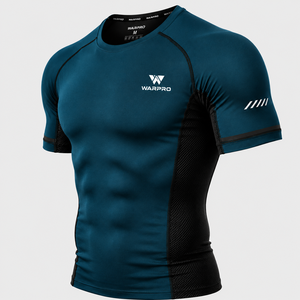 Warpro Men's <b>Compression</b> Rash Guard Short Sleeve Quick Dry Spandex Polyester Workout <b>Shirt</b> Blue Black Mesh Panel Design - Product Image 1