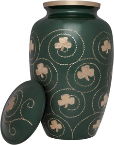 Urne funéraire en métal Clover Swirl avec motif floral médaillon, finition vert forêt et or, vase commémoratif décoratif avec couvercle - Product Image 3