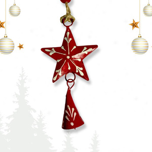 Handmade Red Metal <b>Star</b> And Bell Christmas Ornaments Featuring White Painted Floral Details And Jute Twine Hangers Festive <b>Decor</b> - Product Image 3