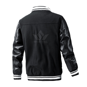 Men's Black Hooded Breathable Knitted Spliced Varsity Jacket Polyester/Cotton Stand Collar <b>Covered</b> <b>Button</b> Closure Casual Autumn - Product Image 2