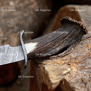 Couteau Bowie à lame fixe en acier Damas, manche en corne de cerf naturel, vente chaude, OEM ODM, marque privée, couteaux de chasse de haute qualité - Product Image 4